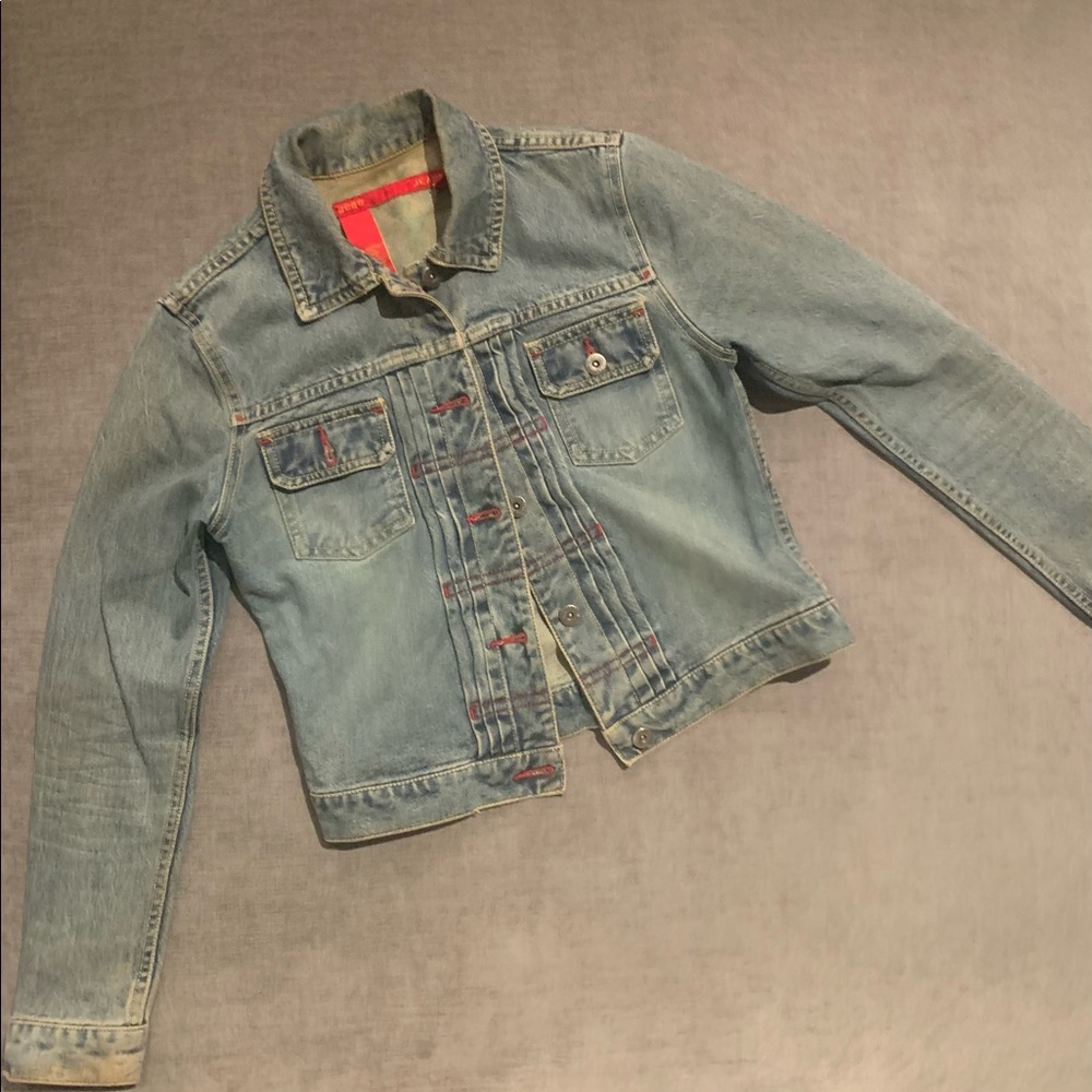 BCBG denim jacket with red stitch